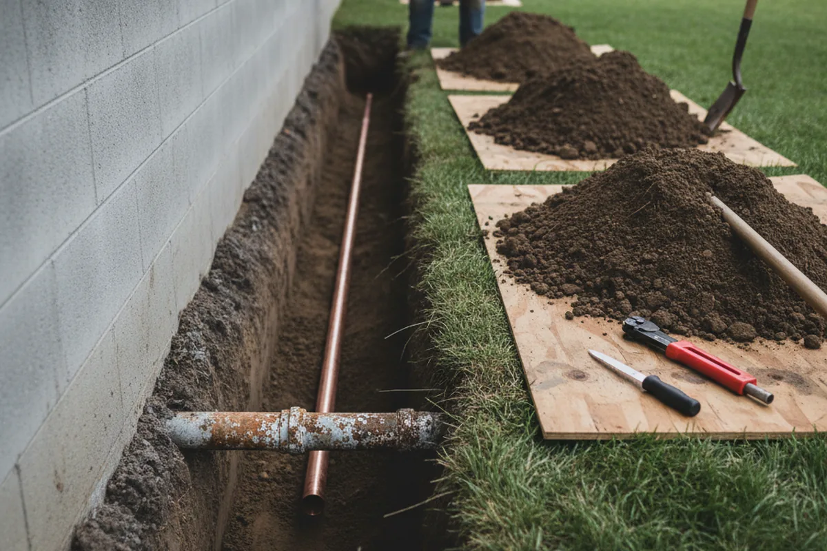 Excavated water line trench during Water Heater Repair in Sheridan